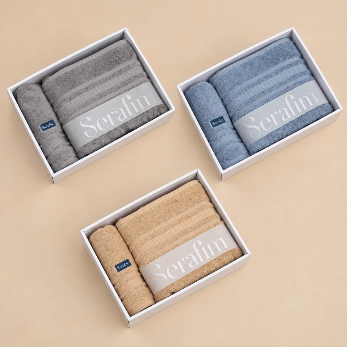 3 Set de Toalla y Toallón - Azul + Gris + Beige - imagen 1