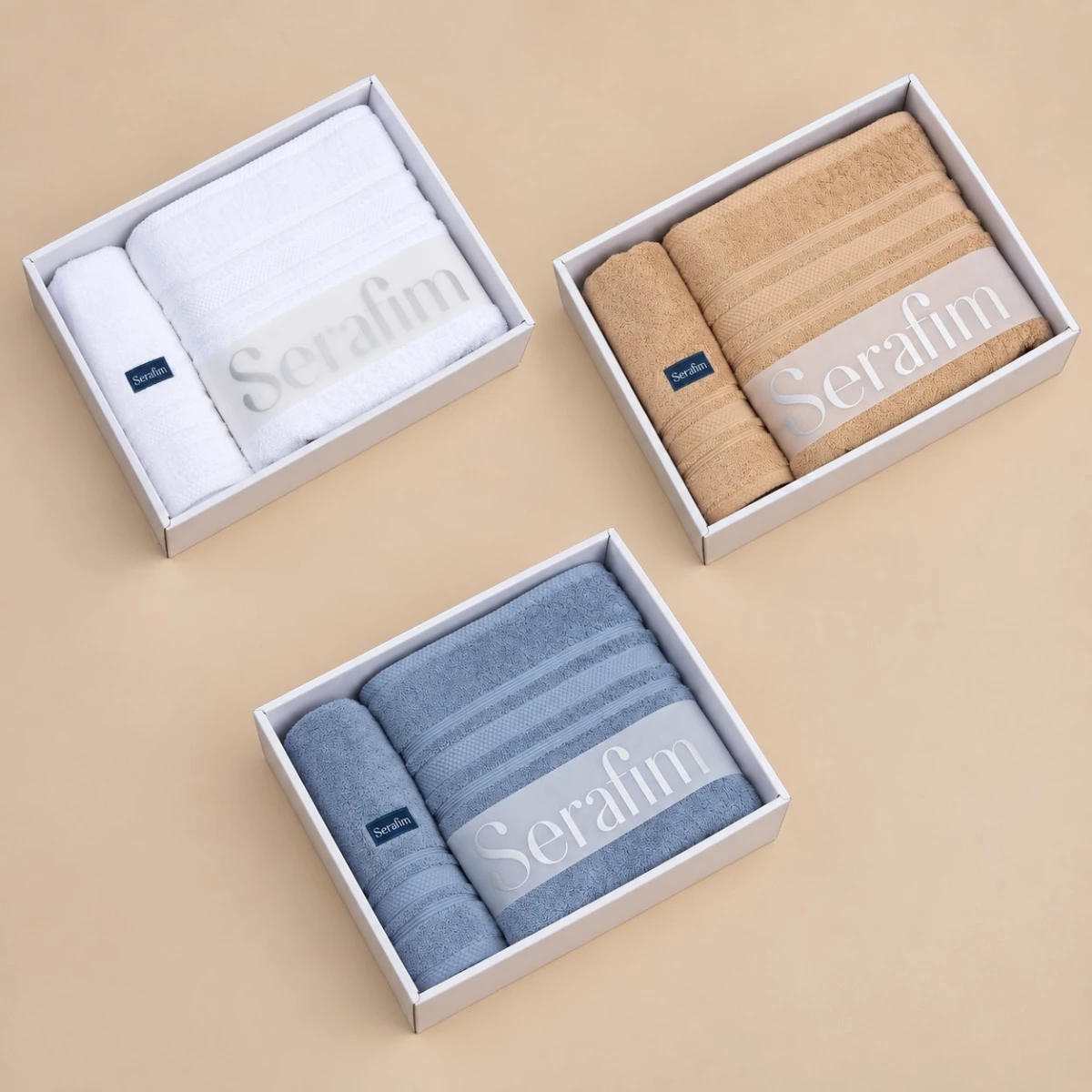 3 Set de Toalla y Toallón - Blanco + Beige + Azul - imagen 1