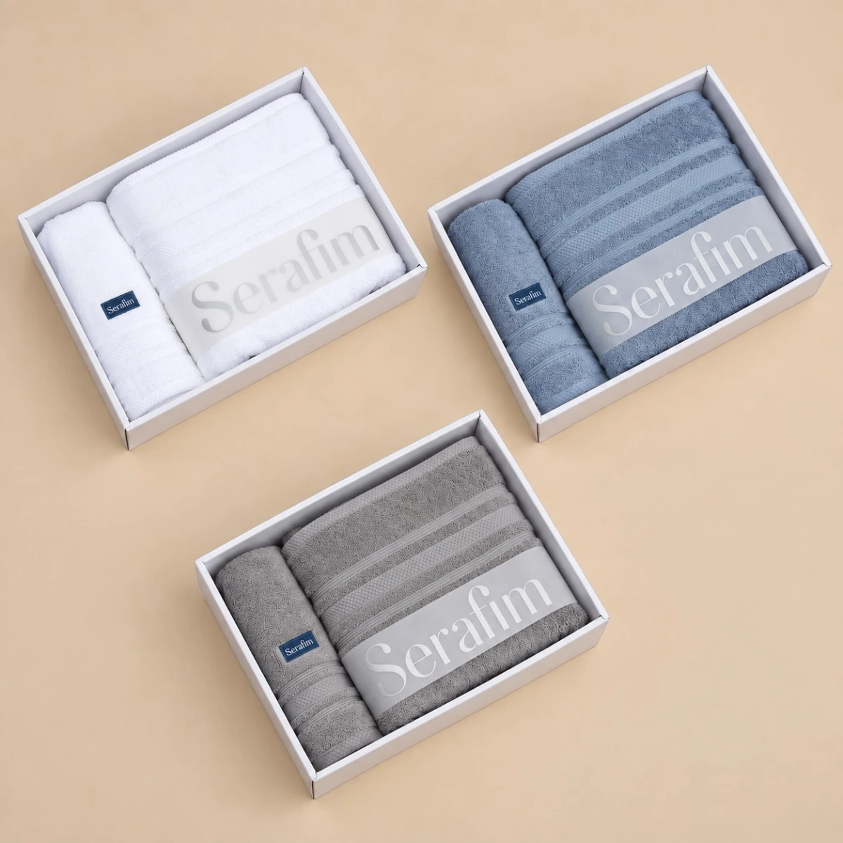 3 Set de Toalla y Toallón - Blanco + Azul + Gris - imagen 1