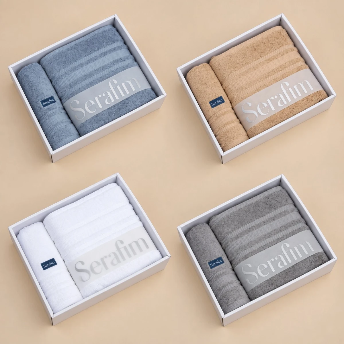 4 Set de Toalla y Toallón - Azul + Gris + Beige + Blanco - imagen 1